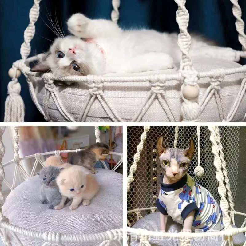 Hand-Woven Cotton Rope Cat Hammock Bed
